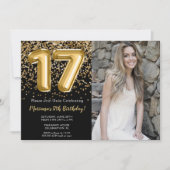 Invitation Photo Black Gold Enfants Fille 17e fête d'annivers (Devant)