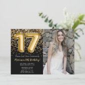 Invitation Photo Black Gold Enfants Fille 17e fête d'annivers (Debout devant)