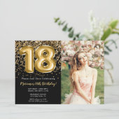 Invitation Photo Black Gold Enfants Fille 18e fête d'annivers (Debout devant)