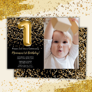 Invitation Photo Black Gold Enfants Fille 1er anniversaire fê