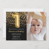Invitation Photo Black Gold Enfants Fille 1er anniversaire fê (Devant)