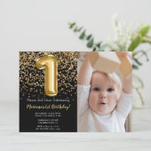 Invitation Photo Black Gold Enfants Fille 1er anniversaire fê (Debout devant)