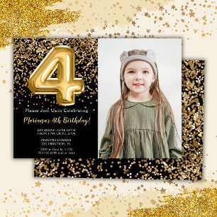 Invitation Photo Black Gold Enfants Fille 4e fête d'anniversa