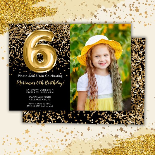 Invitation Photo Black Gold Enfants Fille 6e fête d'anniversa