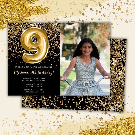 Invitation Photo Black Gold Enfants Fille 9e fête d'anniversa