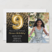 Invitation Photo Black Gold Enfants Fille 9e fête d'anniversa (Devant)