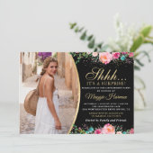 Invitation Photo Black Gold Floral Surprise Retraite Party (Debout devant)