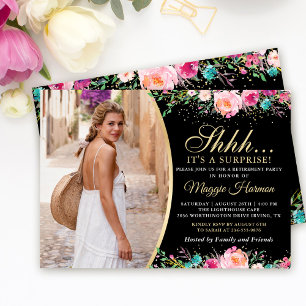 Invitation Photo Black Gold Floral Surprise Retraite Party