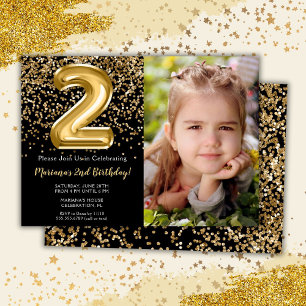 Invitation Photo Black Gold Girl 2e fête d'anniversaire