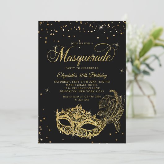 Invitation Photo Black Gold Glitter Masquerade Birthday (Debout devant)