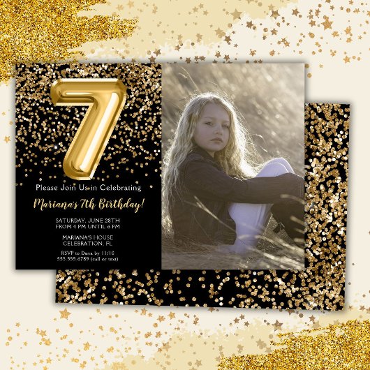 Invitation Photo Black Gold Kids Girl 7e fête d'anniversaire