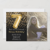 Invitation Photo Black Gold Kids Girl 7e fête d'anniversaire (Devant)