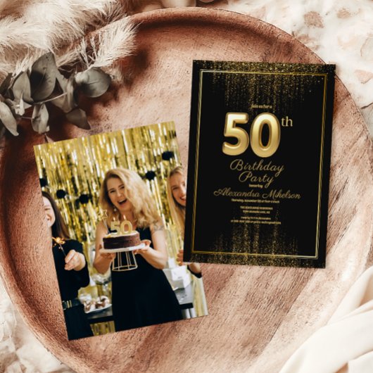 Invitation Photo Black Gold Typographie Cinquante-50e anniver