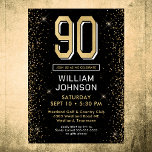 Invitation Photo Black moderne 90th Birthday<br><div class="desc">Cette fabuleuse invitation de 90e anniversaire pour hommes en noir et or avec le numéro 90 en or avec des polices modernes et des côtés en parties scintillant or sur le devant et votre photo préférée de l'invité d'honneur en noir et blanc sur le dos serait parfaite pour demander aux...</div>