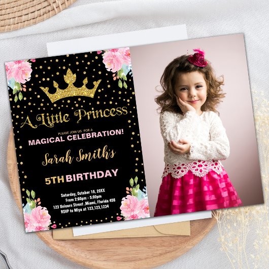 Invitation Photo Black Parties scintillant Couronne Princesse