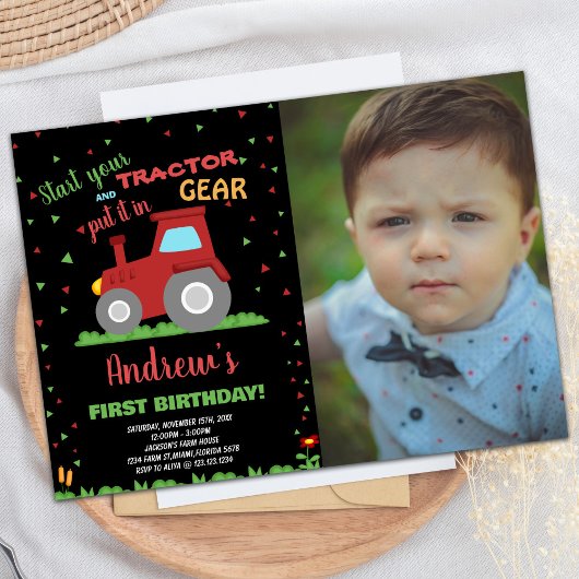Invitation Photo BLACK RED Green Grass Tractor Anniversaire