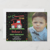 Invitation Photo BLACK RED Green Grass Tractor Anniversaire (Devant)