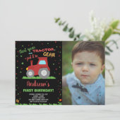 Invitation Photo BLACK RED Green Grass Tractor Anniversaire (Debout devant)