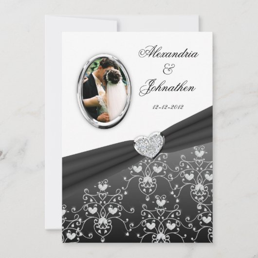 Invitation photo Black Ribbon Heart Mariage damass (Devant)