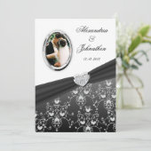 Invitation photo Black Ribbon Heart Mariage damass (Debout devant)