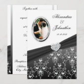 Invitation photo Black Ribbon Heart Mariage damass (Devant / Derrière)