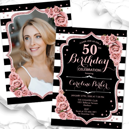 Invitation Photo Black Rose Gold 50e anniversaire