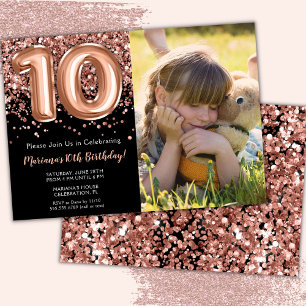 Invitation Photo Black Rose Gold Parties scintillant 10e fête