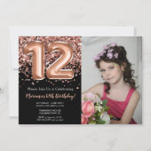 Invitation Photo Black Rose Gold Parties scintillant 12e anni (Devant)