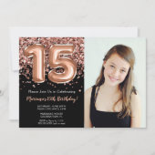 Invitation Photo Black Rose Gold Parties scintillant 15e anni (Devant)