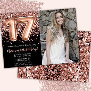 Invitation Photo Black Rose Gold Parties scintillant 17e anni
