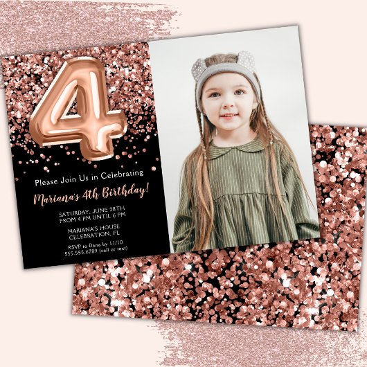Invitation Photo Black Rose Gold Parties scintillant 4e anniv