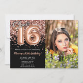Invitation Photo Black Rose Gold Sweet 16e fête d'anniversair (Devant)