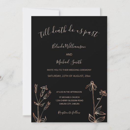 Invitation PHOTO | Black Rose Gold Wildflower | Goth Wedding  (Devant)