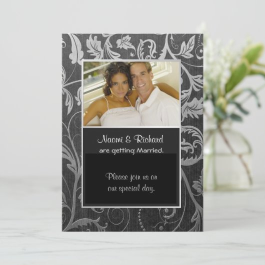 Invitation photo Black & Silver Damask (Debout devant)