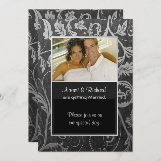 Invitation photo Black & Silver Damask (Devant / Derrière)