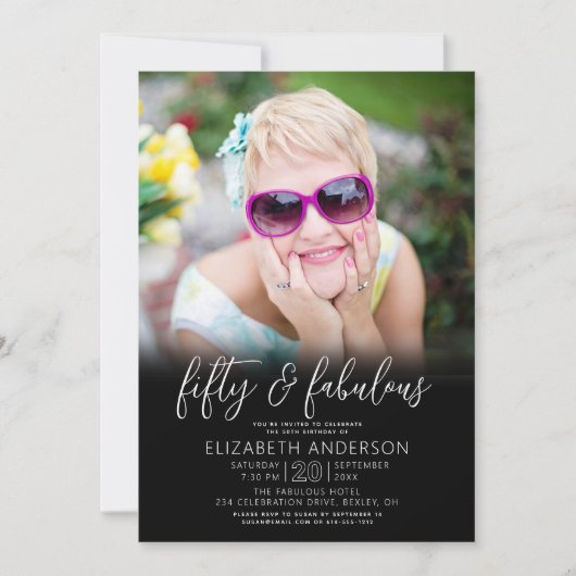 Invitation Photo Black White 50 Fabulous Birthday Modern Bold (Devant)