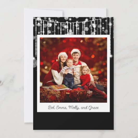 Invitation Photo Black White String Lights Christmas Card (Dos)