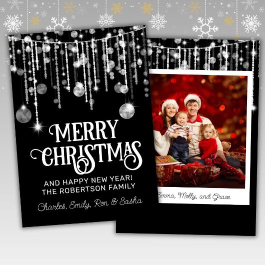 Invitation Photo Black White String Lights Christmas Card
