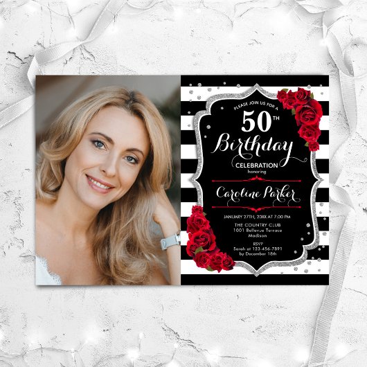 Invitation Photo Black White Stripes Red Silver 50e anniversa