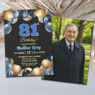 Invitation Photo Bleu Argent Or 81e Anniversaire