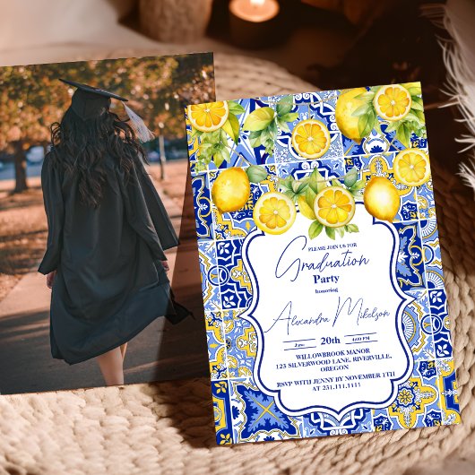 Invitation Photo Bleu Citrons Graduation
