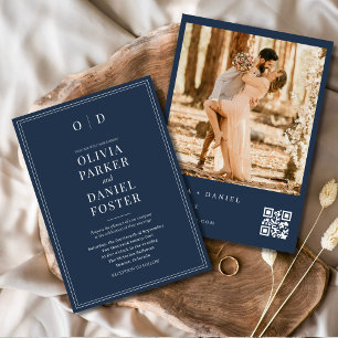Invitation Photo bleu marine moderne Mariage de code QR