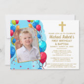 Invitation Photo Bleu mignon garçon 1er anniversaire Baptême (Devant)