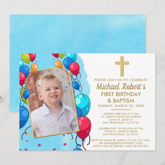 Invitation Photo Bleu mignon garçon 1er anniversaire Baptême (Devant / Derrière)