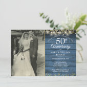 Invitation Photo Bleu Rustique Cœurs Dorés 50e Anniversaire (Debout devant)