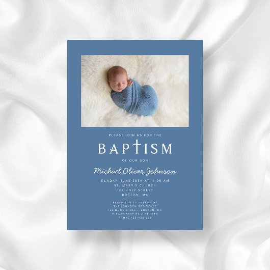 Invitation Photo Bleue Croix Religieuse Baptême garçon