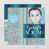 Invitation Photo bleue d'aqiqah de bébé musulman (Devant / Derrière)