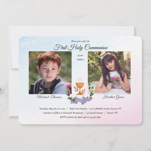 Invitation Photo bleue et rose religieuse (Devant)