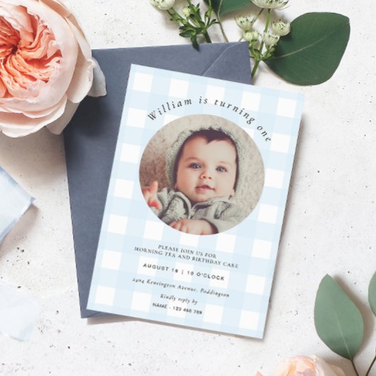 Invitation Photo Blue En vichy Anniversaire