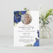 Invitation Photo Blue Floral Budget Célébration de la vie (Debout devant)